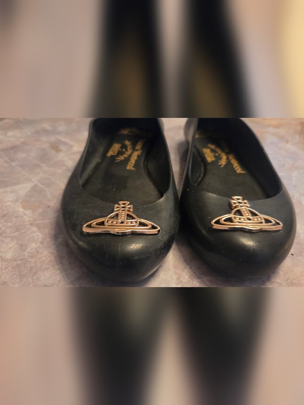 Vivienne Westwood Black Ballet Flats with Gold Orb Emblem - Picture 2 of 6